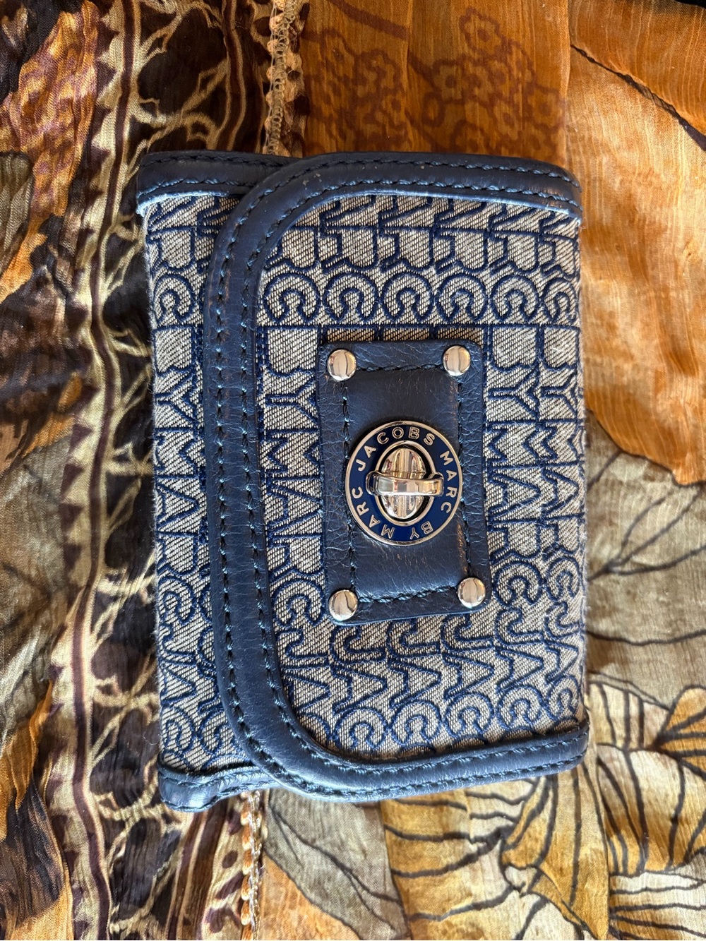 Marc Jacobs Blue Monogram Card Wallet with Silver Turn-Lock